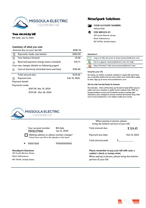 USA Montana Missoula Electric Cooperative electricity business utility bill template in Word and PDF formats